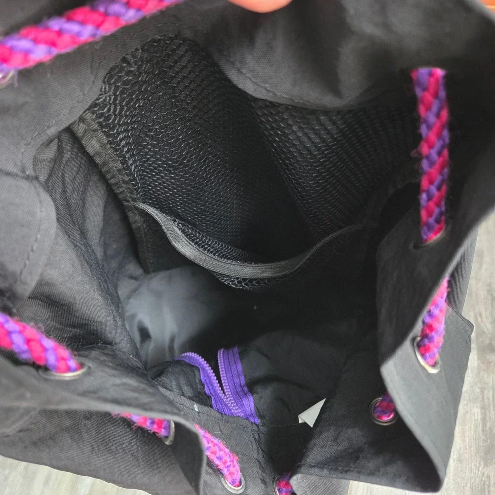 American Girl Black Nylon Drawstring Sling Backpack Y2K Star Logo Purple Rope